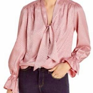 LINI Pink Puff Sleeve Blouse with Tie Front Bloomingdales exclusive sz Large